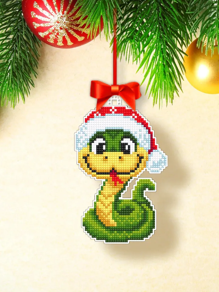 Christmas snake cross stitch pattern PDF download Double-sided Christmas tree decor for plastic canvas, Snake pattern digital PDF #N157
