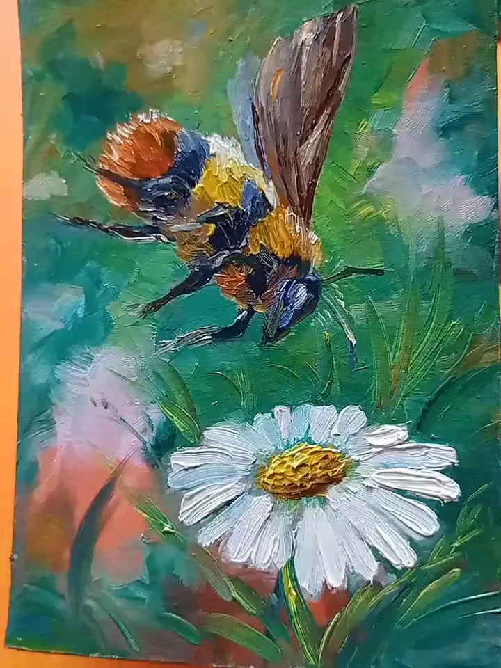 Oil painting wall art bumblebee wall art diptych painting flowers and insects summer bee spring wall decor, gift Pair painting ladybug art
