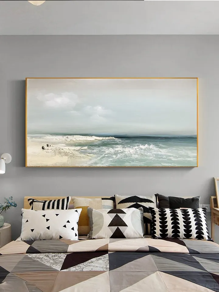 Sandy Beach Ocean Oil Painting On Canvas Blue Sky White Clouds Abstract Seascape Coastal Wall Art Acrylic Painting Large Wall Art Home Decor