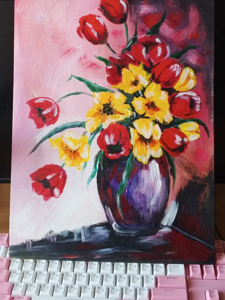 Abstract Flower Painting. Still life. Tulips in a vase. 30*40cm/ 12*16 inches