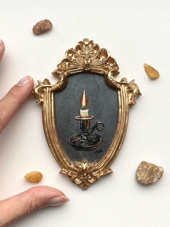 Candle Oil Painting Original In Vintage Style Frame Small Framed Still Life Art