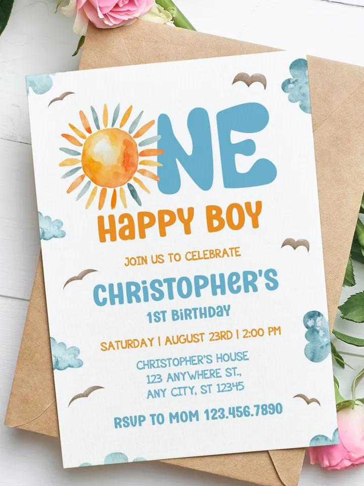 One Happy Boy Birthday Invite, First Birthday Evite, First Birthday Invitation, Phone Invite, 1st Birthday Invitation I120