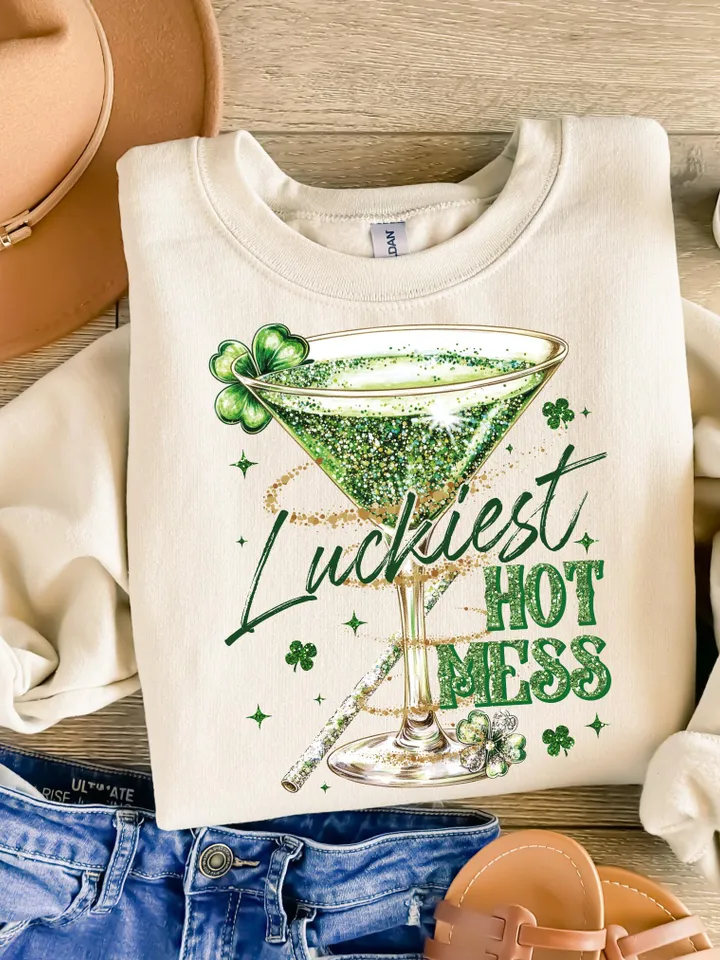 Luckiest Hot Mess PNG, Funny Drinking Martini png, Alcohol St Patricks Party png, Adult Humor Png, Lucky Sarcastic Shirt, Shamrock png