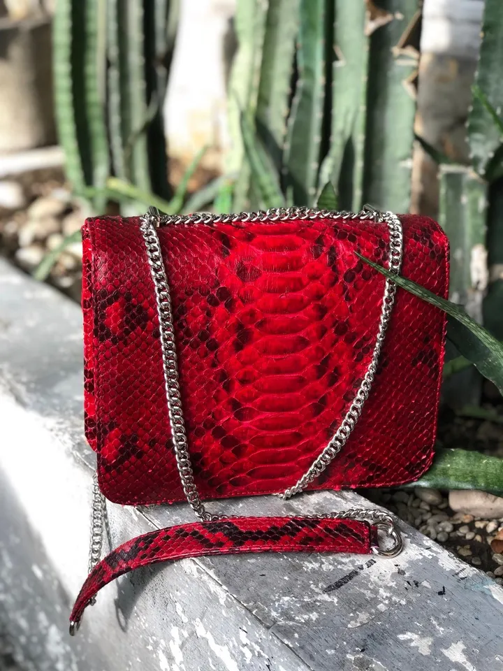 Red Genuine Python Skin Bag Purse Chain Crossbody | Classy elegant red leather bag | Handmade designer Bag | Exotic skin bags | Red bag