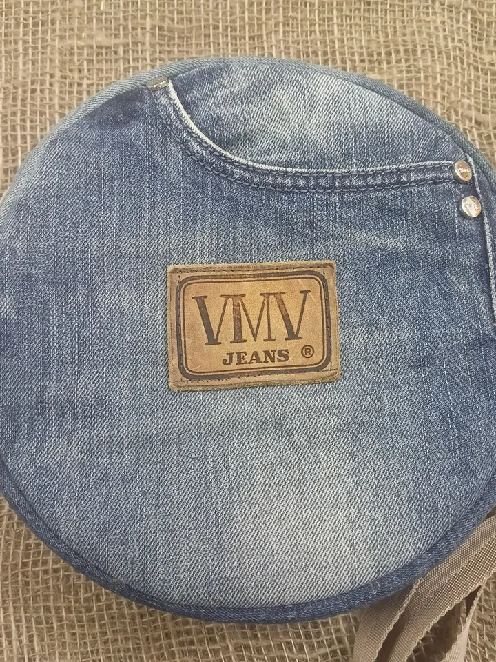 Unusual round denim purse with 4 pockets , small crossbody bag
