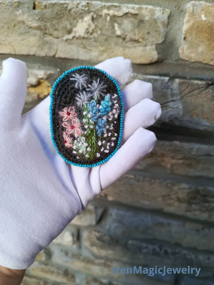 Mohair Crochet Brooch with Wildflower Embroidery