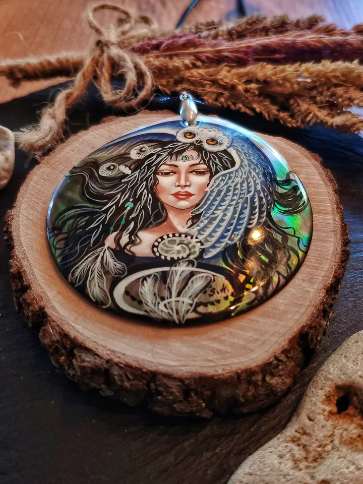 Pearl pendant necklace: Woodland fairy and owl painted on Lacquer handmade jewelry • Unique statement magic necklace for fantasy lover girl