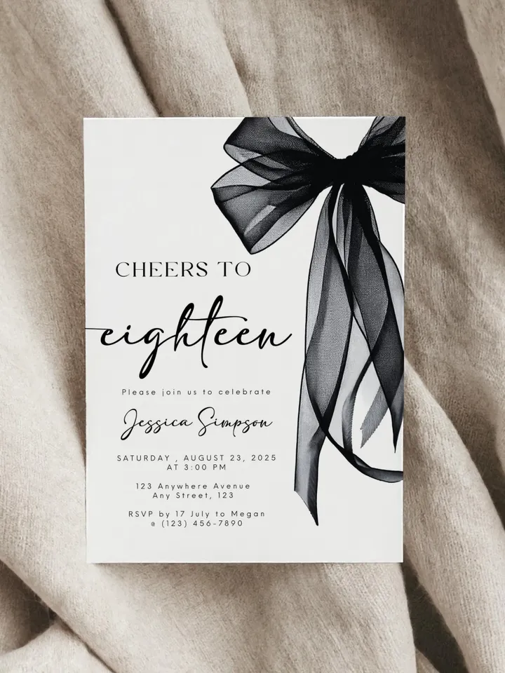 Coquette Black Bow 18th Invitation, Editable Eighteenth Birthday Party Invite, DIY Digital Black Ribbon, Cheers to Eighteen Invite