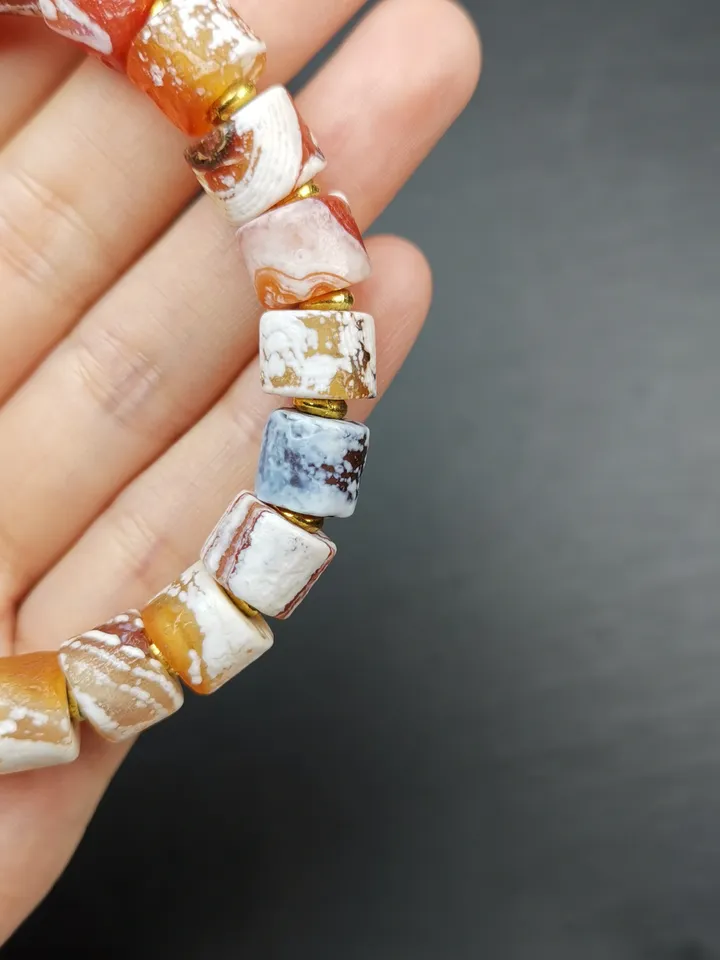 Gandhanra Tibetan Sugar Agate Beads Wrist Mala, Unique 11mm Cylinder Carnelian Bracelet