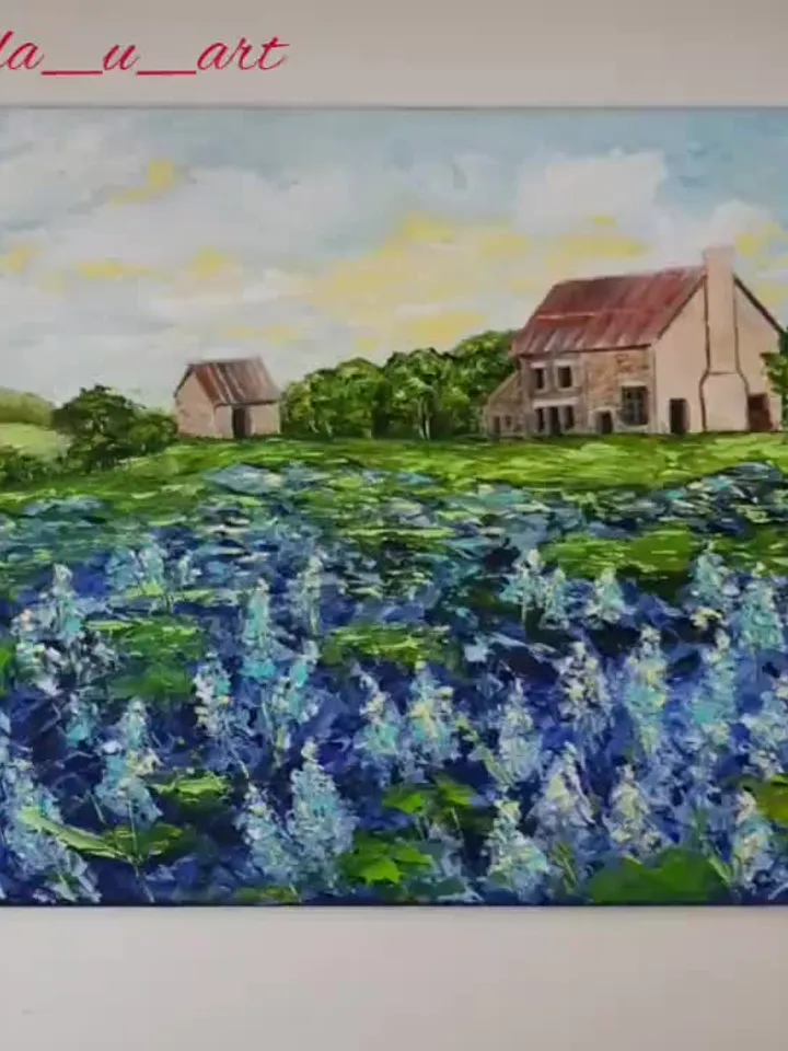 Bluebonnet Painting Farm Original Art Landscape Artwork Impasto Oil Painting