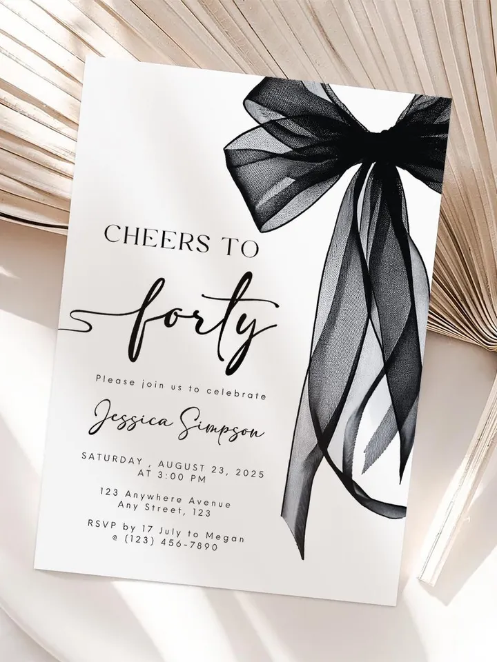 Coquette Black Bow 40th Invitation, Editable Fortieth Birthday Party Invite, DIY Digital Black Ribbon, Cheers to Forty Invite