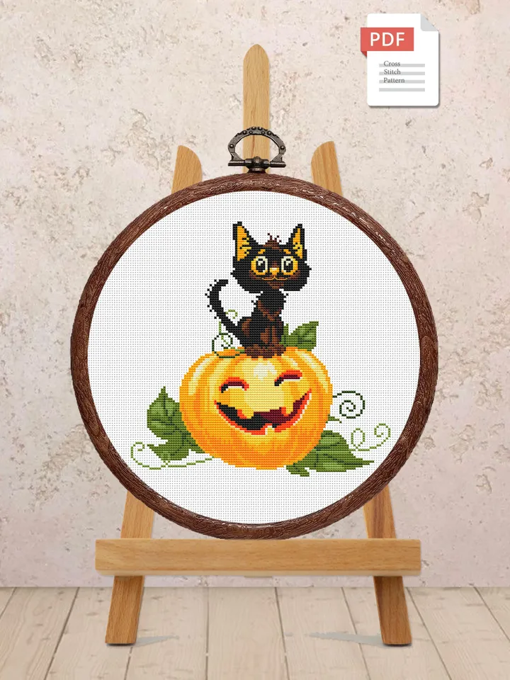 Happy Halloween Cross Stitch Pattern, Halloween Cat Cross Stitch Pattern, Pumpkin Cross Stitch Pattern, Cat on the Pumpkin #hld002
