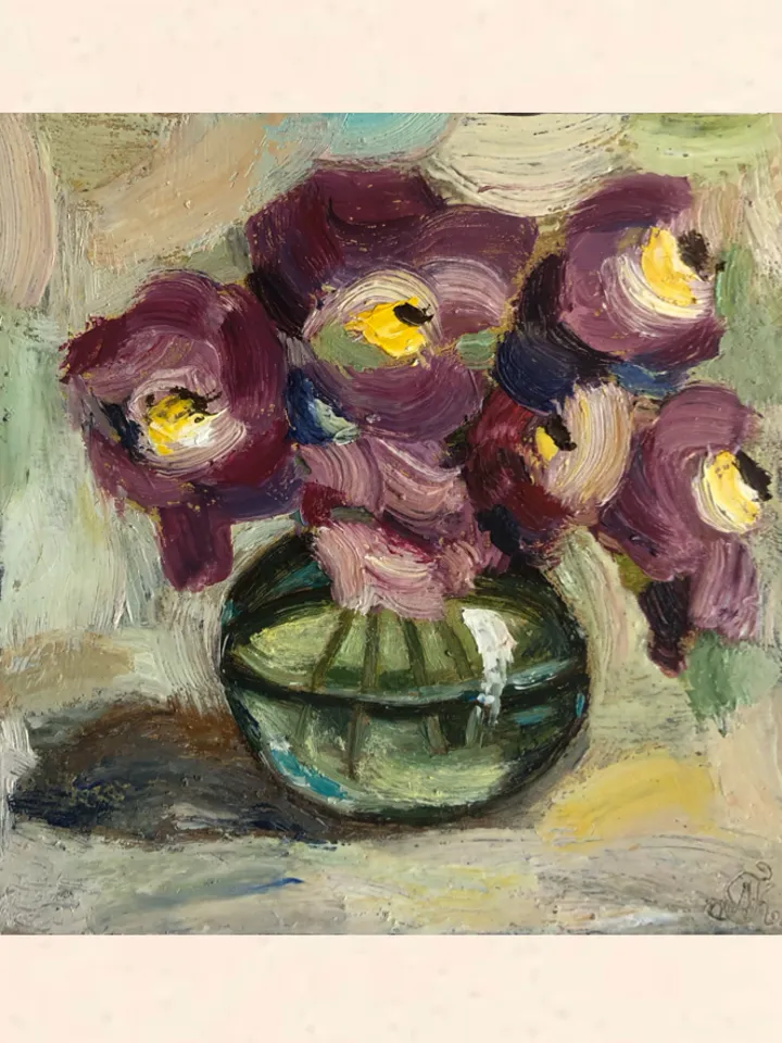 Vase with flowers original oil painting handmade wall art bouquet peonies on cardboard 6x6 inches modern art