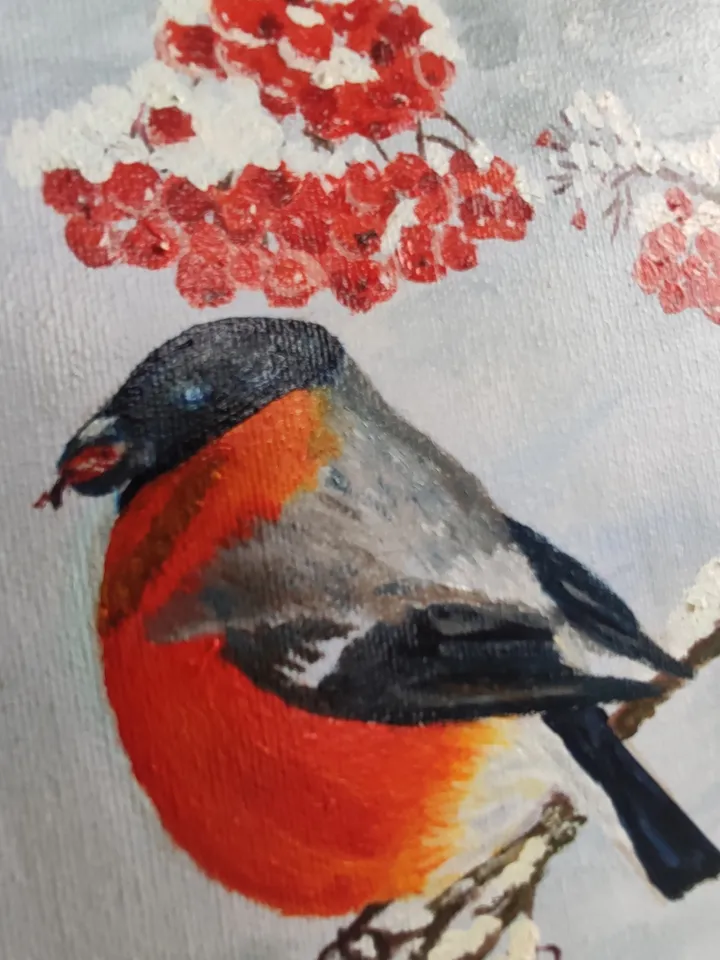 Bullfinches in winter oil on canvas 40*30 cm snow mountain ash birds