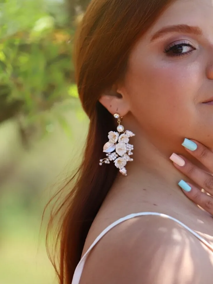 Porcelain Flowers Boho Wedding Earrings, Vintage Leaf Bridal Jewelry Set, Beads Pearl Bridal Earrings, Floral Statement Wedding Jewelry Set