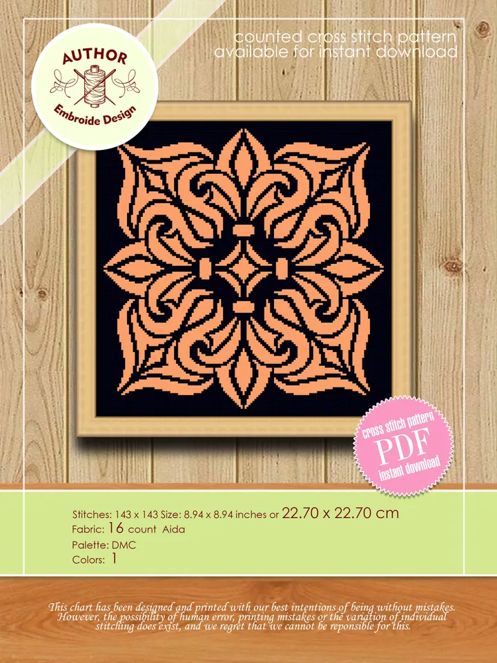 Square mandala cross stitch pattern download PDF, Easy mandala embroidery PDF, Monochrome cross stitch chart Modern quick cross stitch #M121