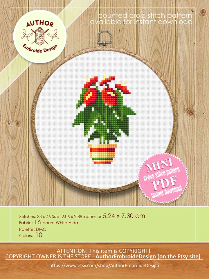 Red flower plant cross stitch pattern PDF download Simple mini cross stitch chart, Easy small cross stitch Anthurium, Plant lover gift #P20