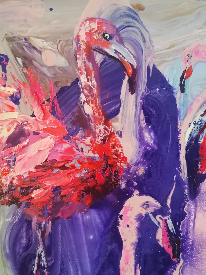 Pink Flamingo Abstract Love Art Original Oil Painting Author Artist Svinar Oksana
