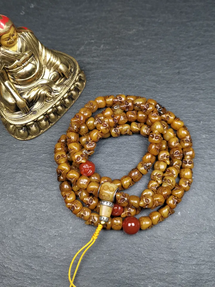 Gandhanra Old Tibetan Yak Bone Kapala Mala,108 Citipati Skull Shape Prayer Beads for Meditation and Prayer,16 Inches Length