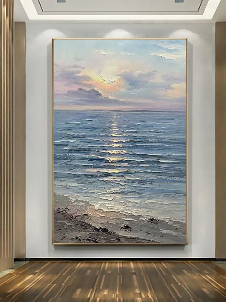 Original Oil Painting on Canvas Sea Landscape Painting,Large Wall Sky Sea Painting,Sea Level Painting Of Sunrise Landscape Large Wall Art