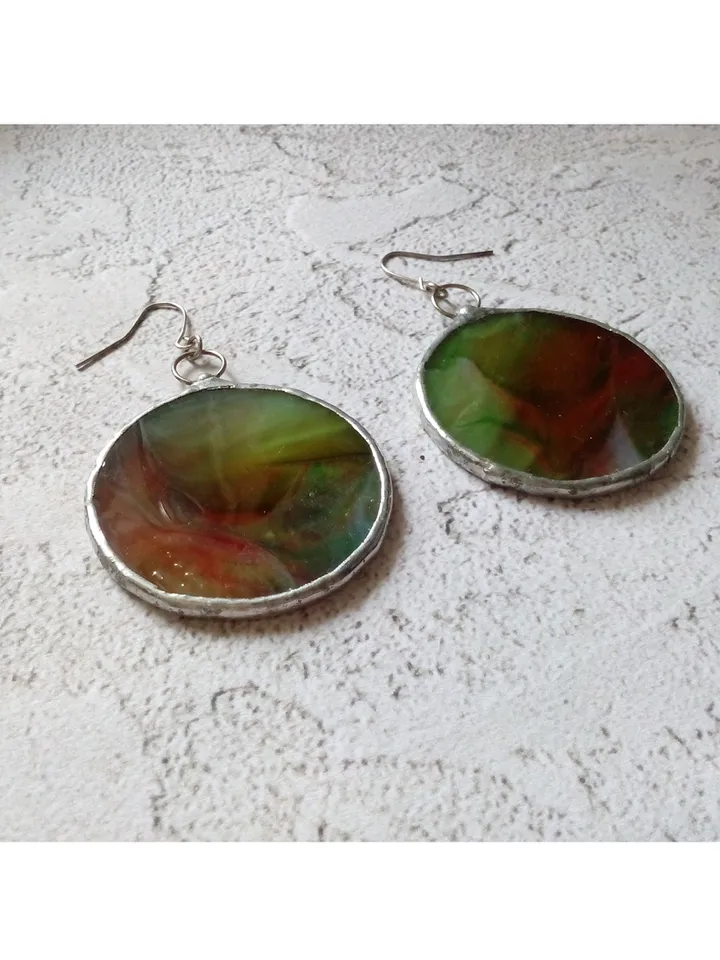 Stained glass green earrings, stainglass cute earrings, Dangle earrings, Geometric earrings, Round stained glass