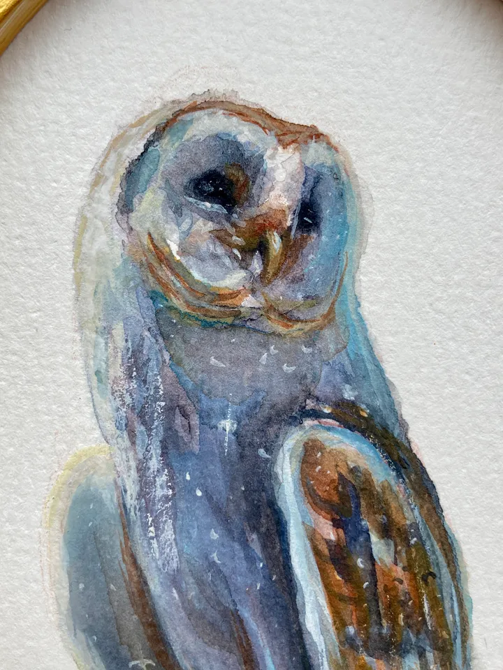 Owl Watercolor Painting Original In Oval Gold Frame Small Framed Bird Art Barn Owl