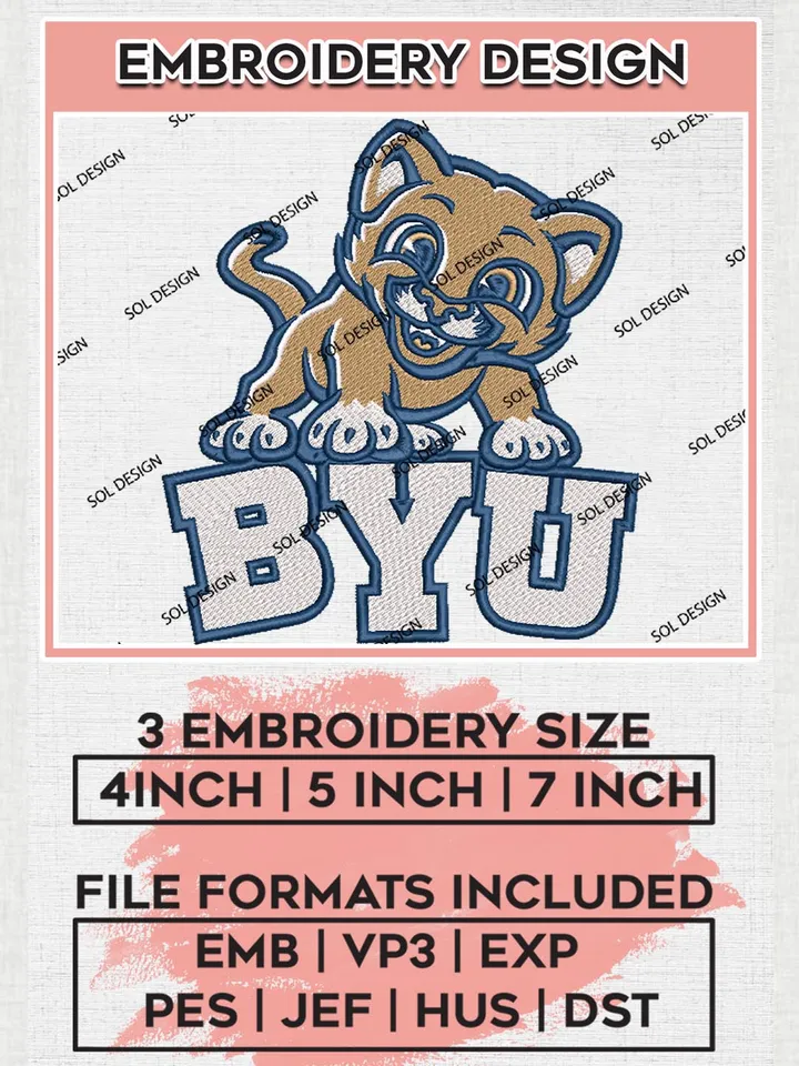 BYU College Team Mascot Logo Embroidery Design Files, NCAA BYU Cougars Machine Embroidery, NCAA Teams, 3 sizes, NCAA Machine embroidery designs, Digital Download