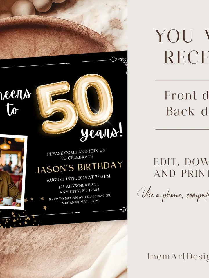 50th Birthday Invitation with Photo Adult Women Men Cheers to 50th Birthday Invite Black and Gold Party Card for Grandma Canva Template