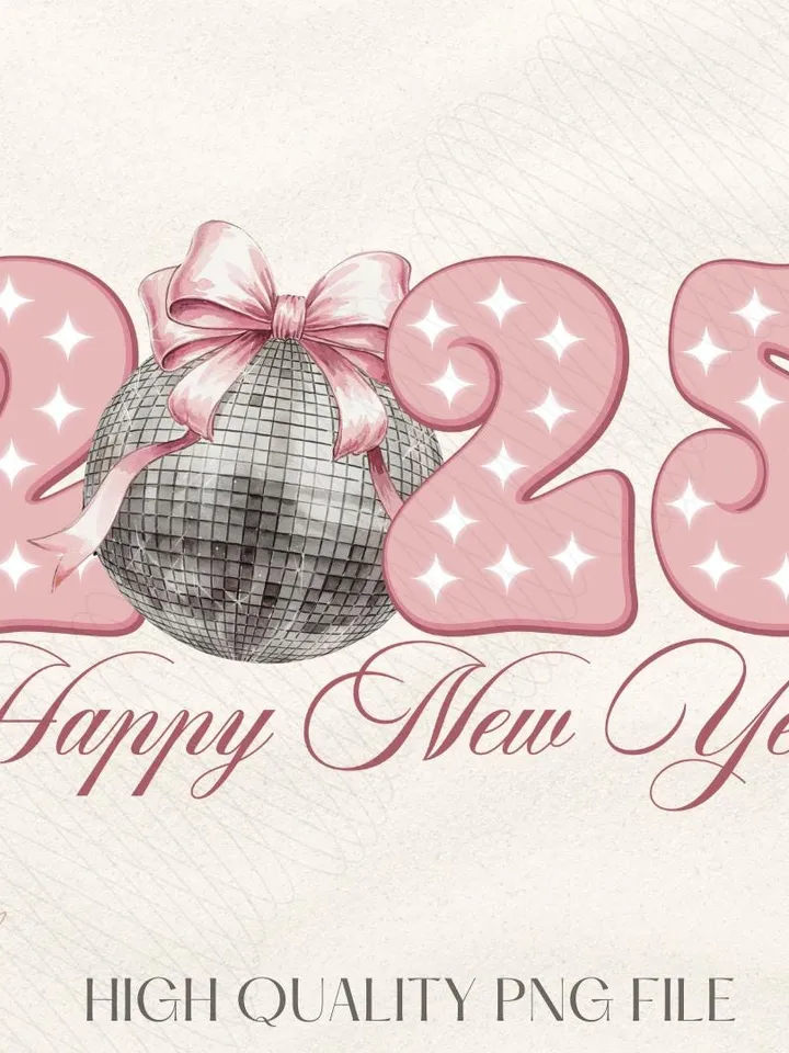 Happy New Year 2025 Png, Disco Ball New Year's PNG, Retro Happy New Year Sublimation, Trending Disco Ball, Pink Bow New Year Sublimination