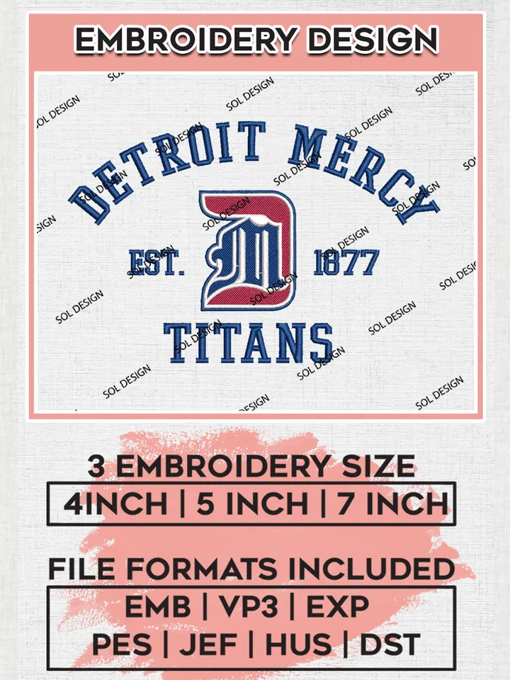 Detroit Mercy Titans Est 1877 Embroidery Designs, NCAA Detroit Mercy Titans Team Embroidery, NCAA Team Logo, 3 sizes, Machine embroidery Files, Digital Download