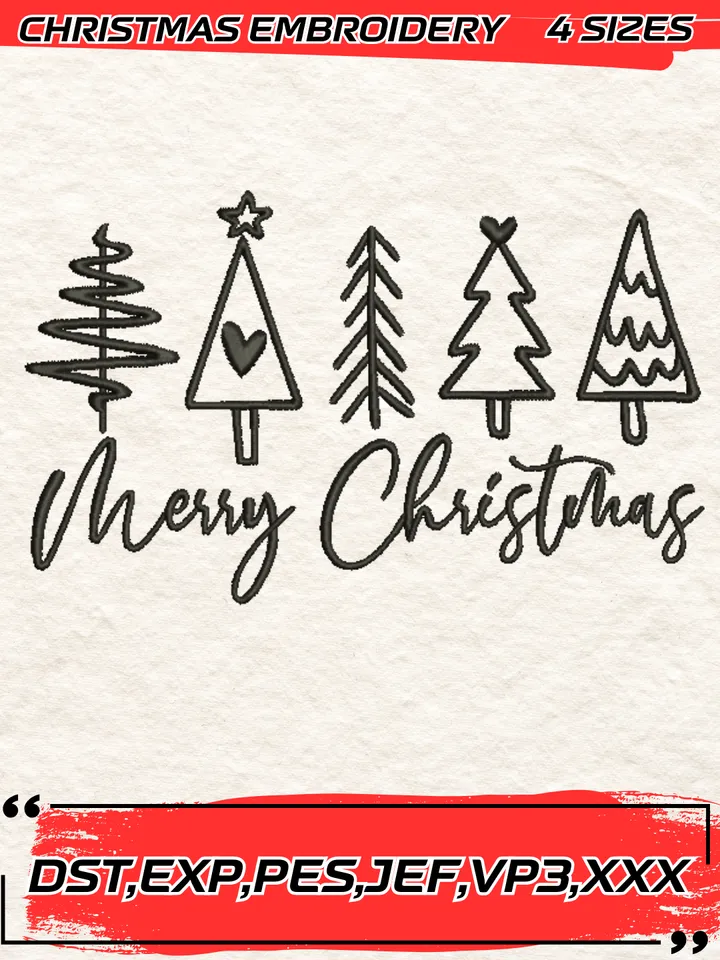 Merry Christmas Embroidery Design,Christmas Embroidery Design,4 Sizes, Digital Download #1