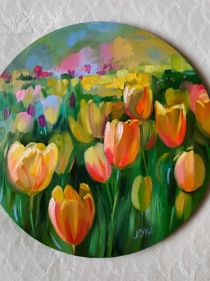 Tulip painting Flower Original Art Floral Artwork oil painting on canvas round artwork Tulip field canvas painting