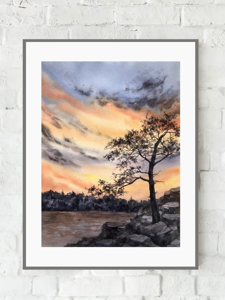 Sunset Original Painting Forest Watercolor Painting Trees Landscape Wall Art