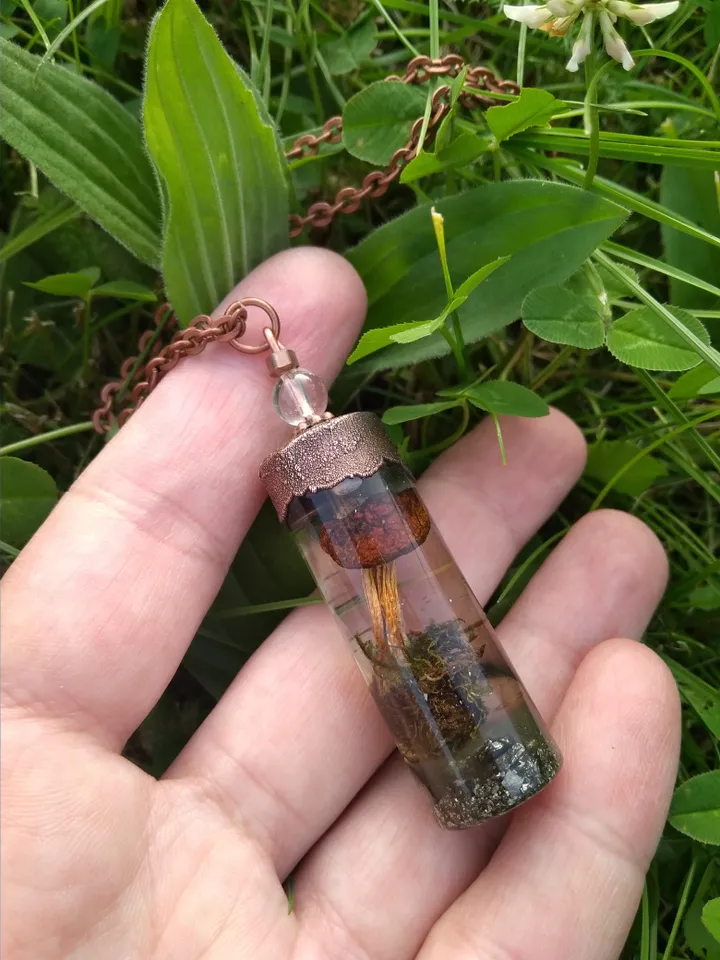 Magic mushroom necklace with green moss and Pyrite gemstone Resin pendant with mushroom Forest jewelry