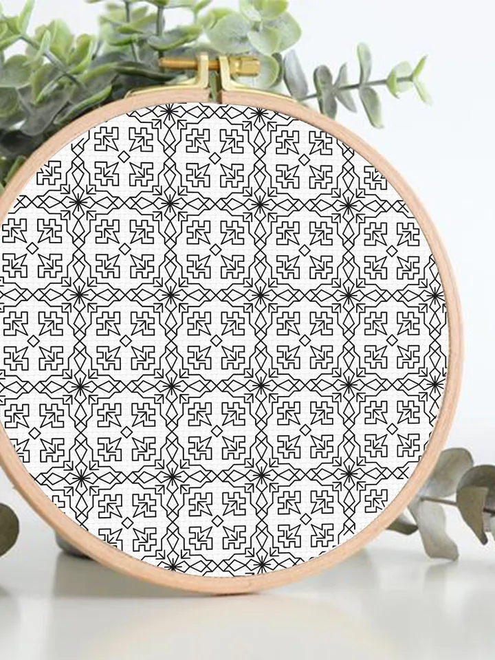 Geometric blackwork pattern PDF Monochrome backstitch repeating pattern embroidery, Blackwork embroidery download PDF Seamless ornament #W18