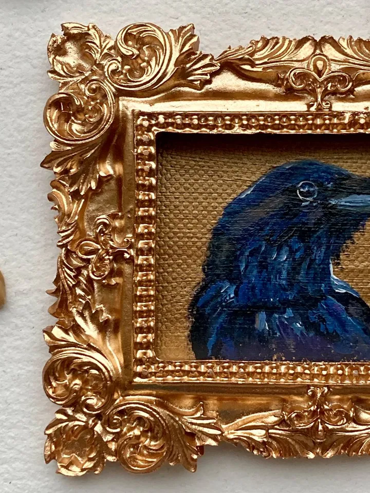 Framed Raven Painting Small Original Corvid Artwork Crow Art Tiny Oil Painting Framed Bird Painting