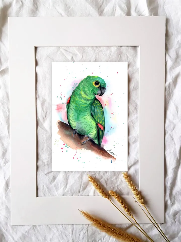 Green Parrot Bird Watercolour, bird painting, wall decor, birds lover gift, 8x11 in handmade art by Anne Gorywine