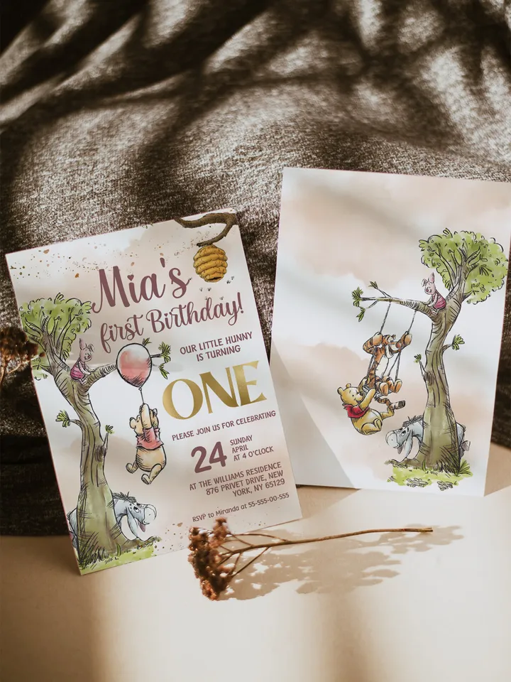 Classic Winnie Pooh Baby Birthday Invitation; Winnie Pooh Baby Birthday ; Greenery Baby Birthday; Honey Bear Birthday; Winnie Pooh wp6