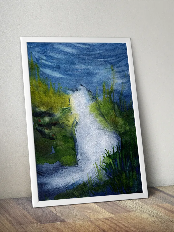 White cat by the pond, Watercolor digital file JPEG in 3 colors, Art print from the original painting