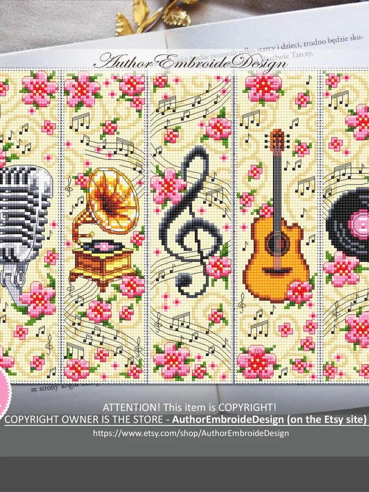 Music bookmark set cross stitch pattern PDF download Treble clef cross stitch chart, Flower bookmark pattern digital, Music lover gift #B412