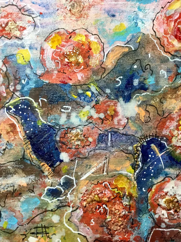 Abstract fantasy mix media watercolour and acrylic original painting on paper,abstract wall art,landscape flowers pink gold.