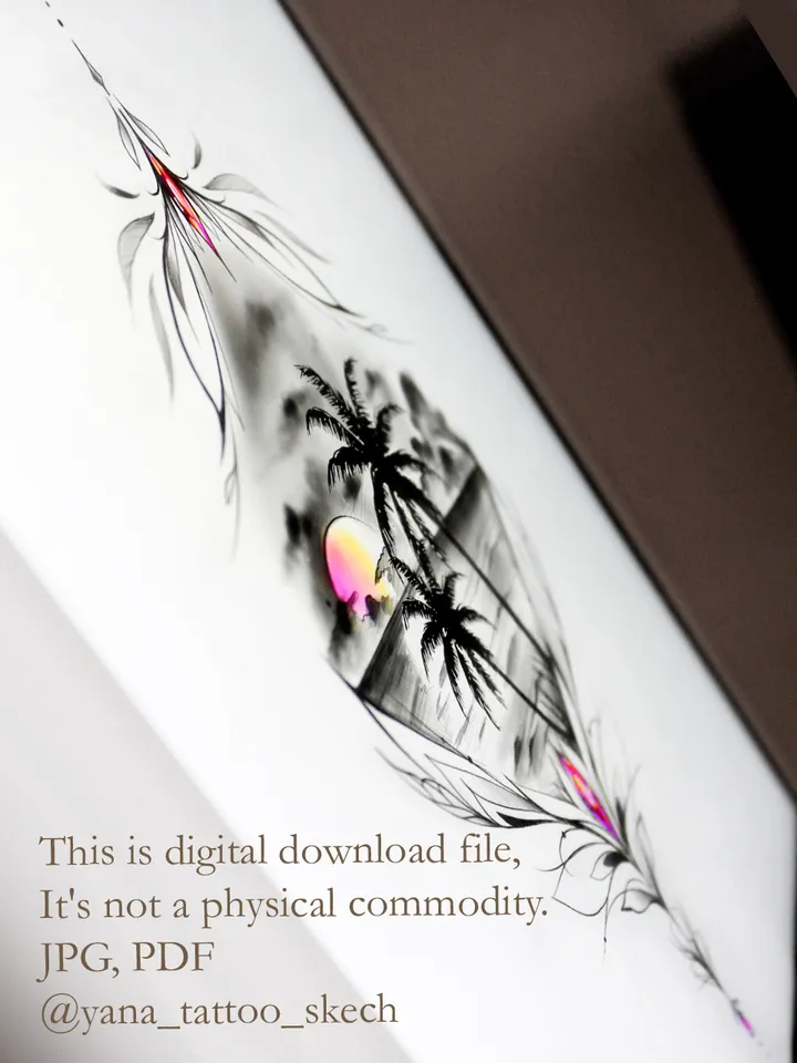 Palm Tree Tattoo Design Palm Tree Beach Sunset Tattoo Stencil Idea Sketch, Instant download PDF, JPG