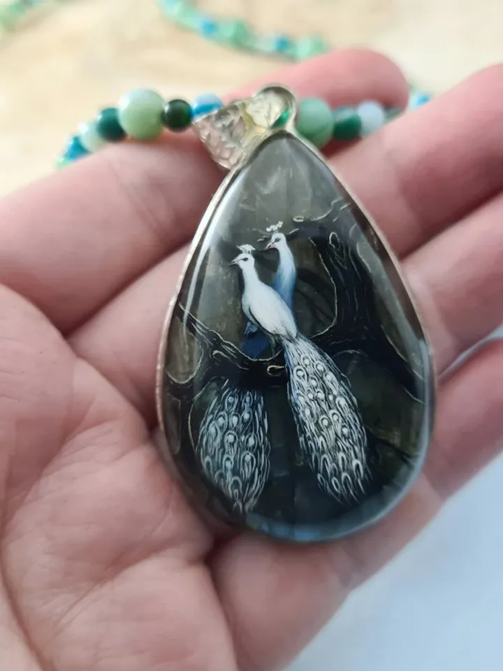 White peacock on labradorite gemstone pendant Miniature painting Necklace