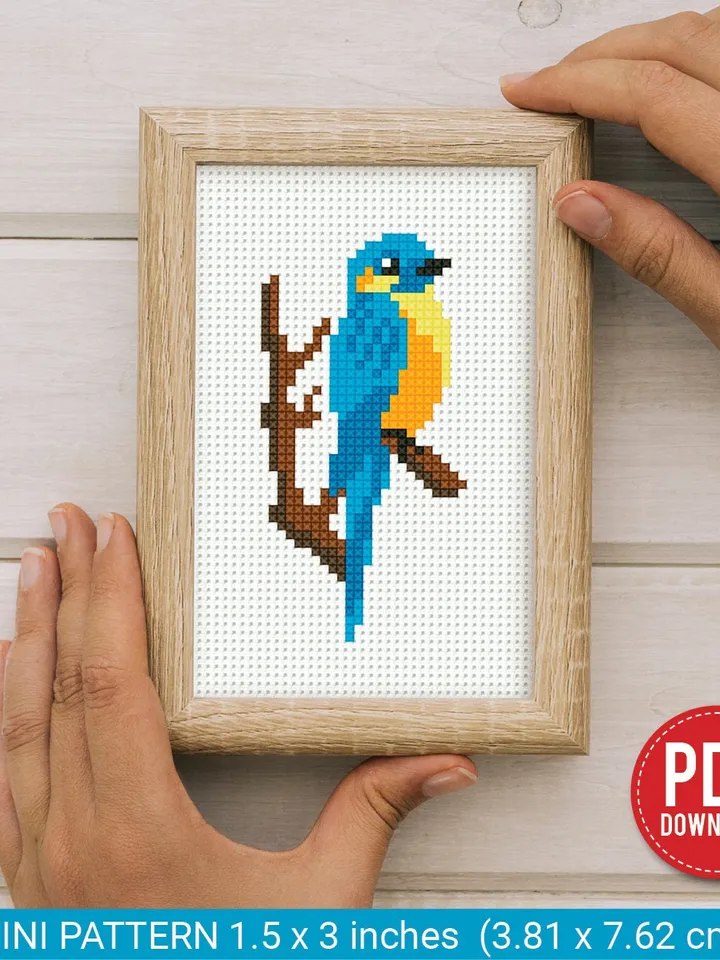 Mini cute blue bird Cross stitch patterns, contemporary bird, animals, beginner counted, modern chart, gift DIY, embroidery, instant PDF
