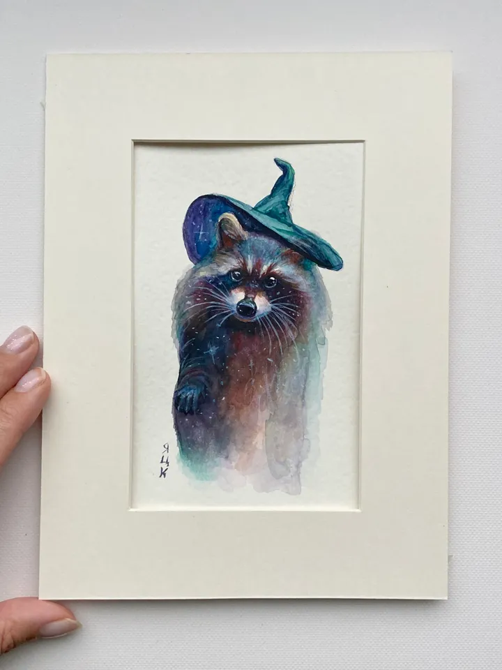 Raccoon Painting Original Watercolor Painting Raccoon Gift Small Animal Art Raccoon Illustration Witch Raccoon