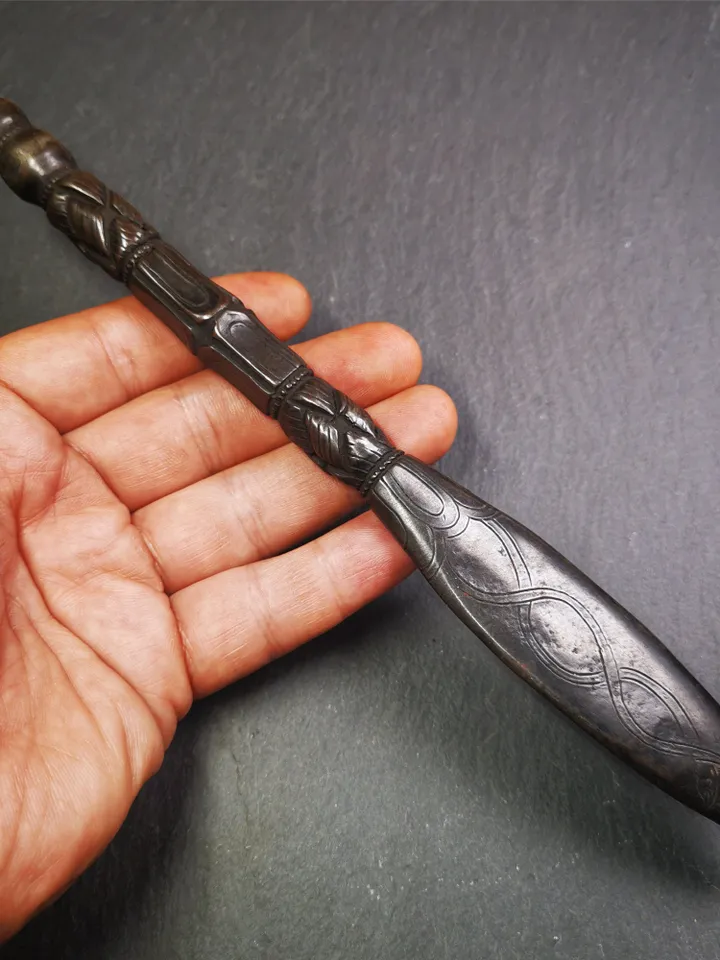Gandhanra Handmade Tibetan Buddhist Ritual Implement - Kila -Dorje Phurba,Black Manjusri Sword,Made of Cold Iron inlaid with Copper, 9"