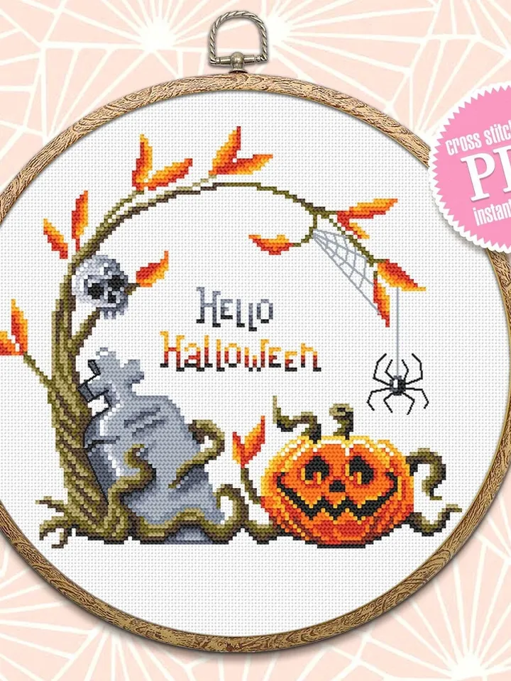 Hello Halloween cross stitch pattern download PDF Pumpkin cross stitch chart, Spooky Halloween pattern digital PDF Fall beginner stitch #H48