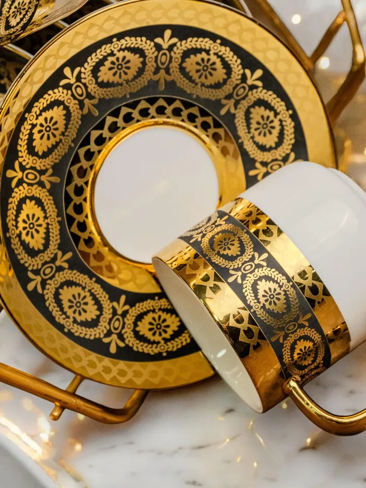 14K Genuine Gold Powder Porcelain Tea Cups And Saucers | Tea Cups Saucers Set | Gold Porcelain Set | Elegant Teaware | Gift For Tea Lovers