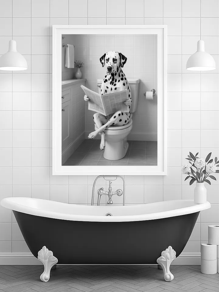 Funny Dog Reading on Toilet Wall Art, Dalmatian Bathroom Humor Print, Pet Lover Digital Download