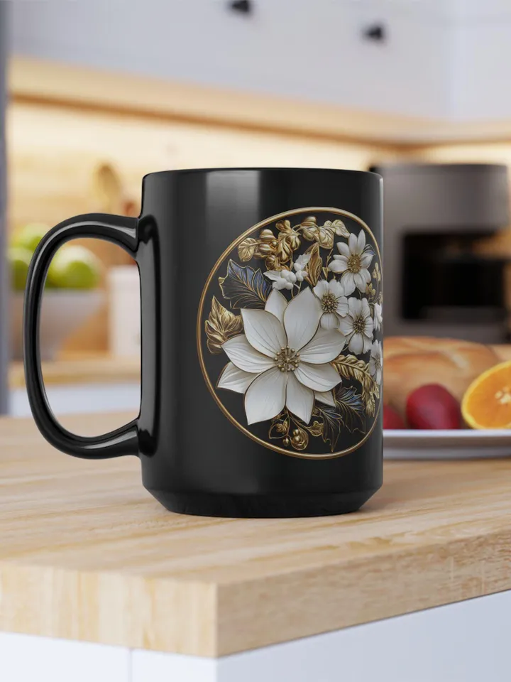 Elegant Floral Black Mug, 15oz | Perfect Gift for Tea Lovers, Home Decor, Wedding Favors, Mother's Day, Coffee Enthusiasts